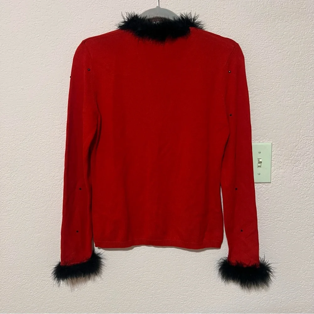 Vintage Y2K 90s red marabou feather trim cardigan with bling buttons